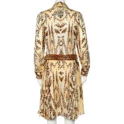 Pre Owned Roberto Cavalli Beige Leopard Print Silk Belted Dress S