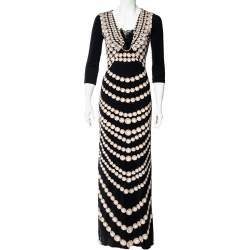 Pre Owned Roberto Cavalli Black Pearl Print Jersey Brooch Detail Maxi Dress S