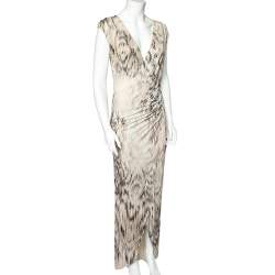 Pre Owned Roberto Cavalli Beige Printed Jersey Ruch Detail Sleeveless Maxi Dress M
