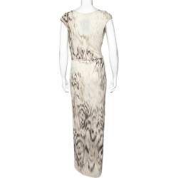 Pre Owned Roberto Cavalli Beige Printed Jersey Ruch Detail Sleeveless Maxi Dress M
