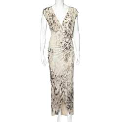 Pre Owned Roberto Cavalli Beige Printed Jersey Ruch Detail Sleeveless Maxi Dress M