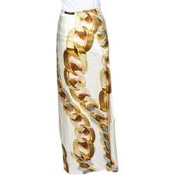 Pre Owned Roberto Cavalli Cream Gold Chain Print Silk Satin Maxi Skirt L
