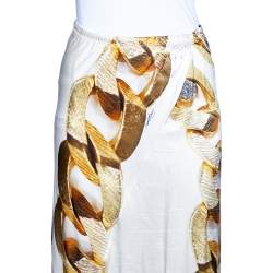 Pre Owned Roberto Cavalli Cream Gold Chain Print Silk Satin Maxi Skirt L