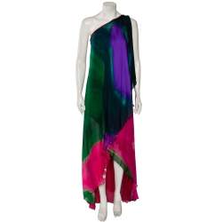 Pre Owned Roberto Cavalli Multicolored Printed Silk Draped One-Shoulder Midi Dress M