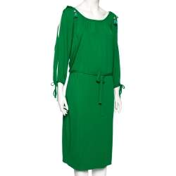 Pre Owned Roberto Cavalli Green Jersey Cold Shoulder Tassel Tie Detailed Belted Dress M