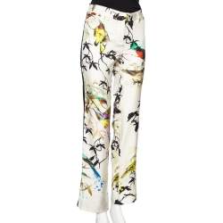 Pre Owned Roberto Cavalli Multicolored Bird Print Silk Contrast Trim Detailed Trousers M