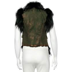 Pre Owned فست روبرتو كافالي بطانة فرو ثعلب وجلد أخضر مقاس  صغير