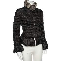 Pre Owned جاكيت روبرتو كافالي مبطن حرير أسود تفاصيل ياقة فرو مقاس صغير - سمول 