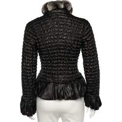 Pre Owned جاكيت روبرتو كافالي مبطن حرير أسود تفاصيل ياقة فرو مقاس صغير - سمول 