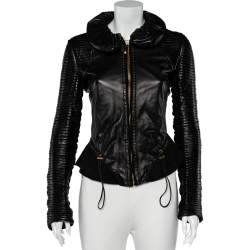 Pre Owned Roberto Cavalli Black Leather And Suede Pleated Sleeve Detail Ruffled Collar Jacket S