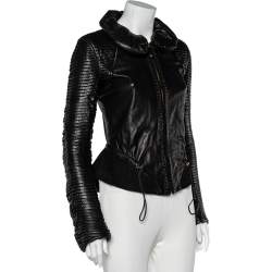 Pre Owned Roberto Cavalli Black Leather And Suede Pleated Sleeve Detail Ruffled Collar Jacket S