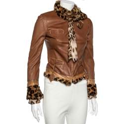 مملوكة مسبقًا Roberto Cavalli Brown Leather Fur Lined Jacket S