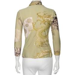 Pre Owned Roberto Cavalli Light Green Printed Jersey Neck Tie Detailed Top M