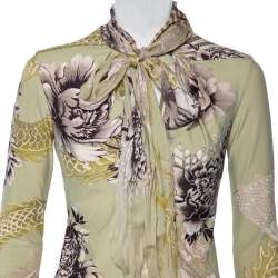 Pre Owned Roberto Cavalli Light Green Printed Jersey Neck Tie Detailed Top M