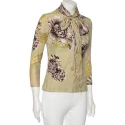 Pre Owned Roberto Cavalli Light Green Printed Jersey Neck Tie Detailed Top M