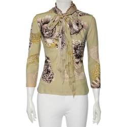 Pre Owned Roberto Cavalli Light Green Printed Jersey Neck Tie Detailed Top M