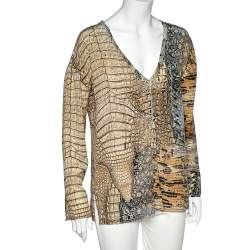Pre Owned Roberto Cavalli Multicolor Printed Silk Lace Up Detail Top L