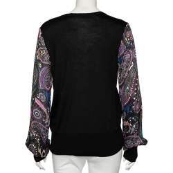 مملوكة مسبقًا توب روبرتو كافالي حرير وتريكو أسود برقبة حرف V مقاس كبير - لارج