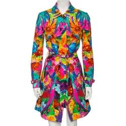 Pre Owned Roberto Cavali Multicolored Printed Cotton Belted Trench Coat M