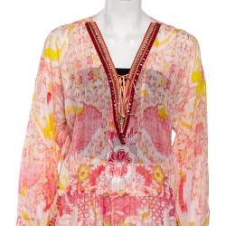 Pre Owned Roberto Cavalli Pink Printed Embellished Neck Kaftan Dress M 