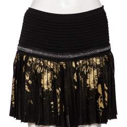 مملوكة مسبقًا Roberto Cavalli Black & Gold Lurex Knit Chain Detailed Pleated Mini Skirt M