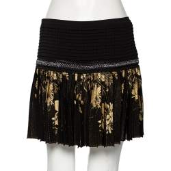 مملوكة مسبقًا Roberto Cavalli Black & Gold Lurex Knit Chain Detailed Pleated Mini Skirt M