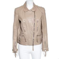 Pre Owned Roberto Cavalli Taupe Embossed Leather Zip Front Biker Jacket L