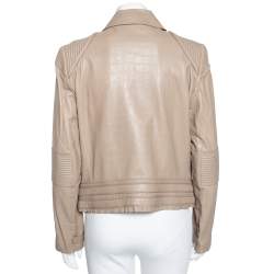 Pre Owned Roberto Cavalli Taupe Embossed Leather Zip Front Biker Jacket L