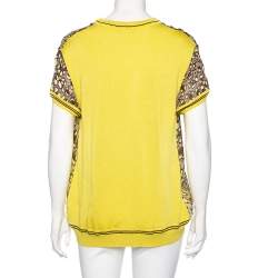 Roberto Cavalli Montenapoleone Yellow Animal Printed Silk & Knit Paneled T-Shirt L