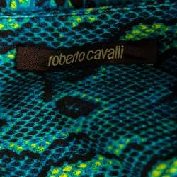 مملوكة مسبقًا Roberto Cavalli Blue Printed Jersey Asymmetric Wrap Detailed Mini Skirt S