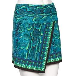 مملوكة مسبقًا Roberto Cavalli Blue Printed Jersey Asymmetric Wrap Detailed Mini Skirt S