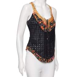 Pre Owned Roberto Cavalli Black Eyelet Cotton & Sequin Embellished Detailed Vest M 