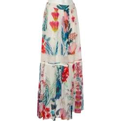 Pre Owned Roberto Cavalli Multicolored Floral Print Silk & Lace Trimmed Midi Skirt S 
