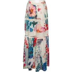 Pre Owned Roberto Cavalli Multicolored Floral Print Silk & Lace Trimmed Midi Skirt S 