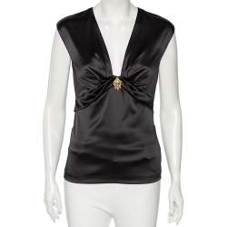 Pre Owned Roberto Cavalli Black Silk Plunge Neck Top M 