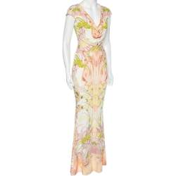 Pre Owned Roberto Cavalli Multicolored Printed Jersey Ruched Detail Maxi Dress M