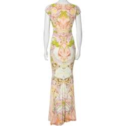 Pre Owned Roberto Cavalli Multicolored Printed Jersey Ruched Detail Maxi Dress M