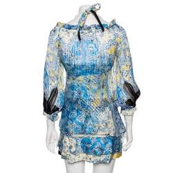 Pre Owned Roberto Cavalli Multicolored Printed Silk & Jersey Halter Neck Top, Shirt & Mini Skirt Set S