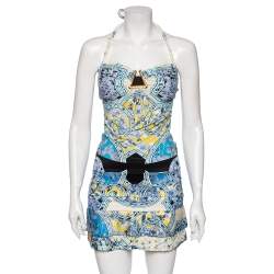 Pre Owned Roberto Cavalli Multicolored Printed Silk & Jersey Halter Neck Top, Shirt & Mini Skirt Set S