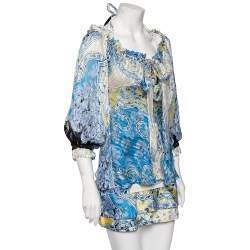 Pre Owned Roberto Cavalli Multicolored Printed Silk & Jersey Halter Neck Top, Shirt & Mini Skirt Set S