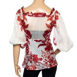 Pre Owned Roberto Cavalli Ivory & Red Printed Silk Neck Tie Detail Blouse S