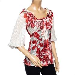 Pre Owned Roberto Cavalli Ivory & Red Printed Silk Neck Tie Detail Blouse S