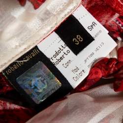 Pre Owned Roberto Cavalli Ivory & Red Printed Silk Neck Tie Detail Blouse S