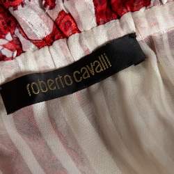 Pre Owned Roberto Cavalli Ivory & Red Printed Silk Neck Tie Detail Blouse S