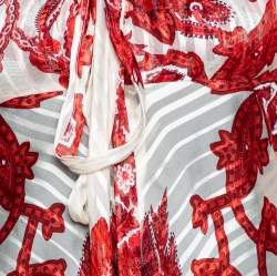 Pre Owned Roberto Cavalli Ivory & Red Printed Silk Neck Tie Detail Blouse S