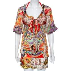 Pre Owned Roberto Cavalli Multicolored Printed Silk & Jersey Halter Neck Top, Shirt & Mini Skirt Set S