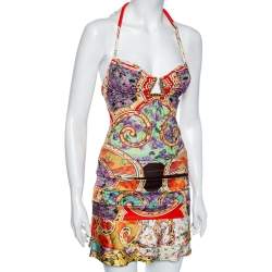 Pre Owned Roberto Cavalli Multicolored Printed Silk & Jersey Halter Neck Top, Shirt & Mini Skirt Set S