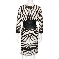 Pre Owned Roberto Cavalli Monochrome Printed Jersey & Leather Detailed Draped Dress S