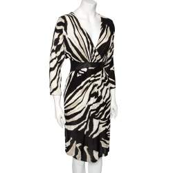 Pre Owned Roberto Cavalli Monochrome Printed Jersey & Leather Detailed Draped Dress S