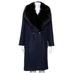 Pre Owned Roberto Cavalli Navy Blue Wool & Fur Trimmed Double Breasted Coat M